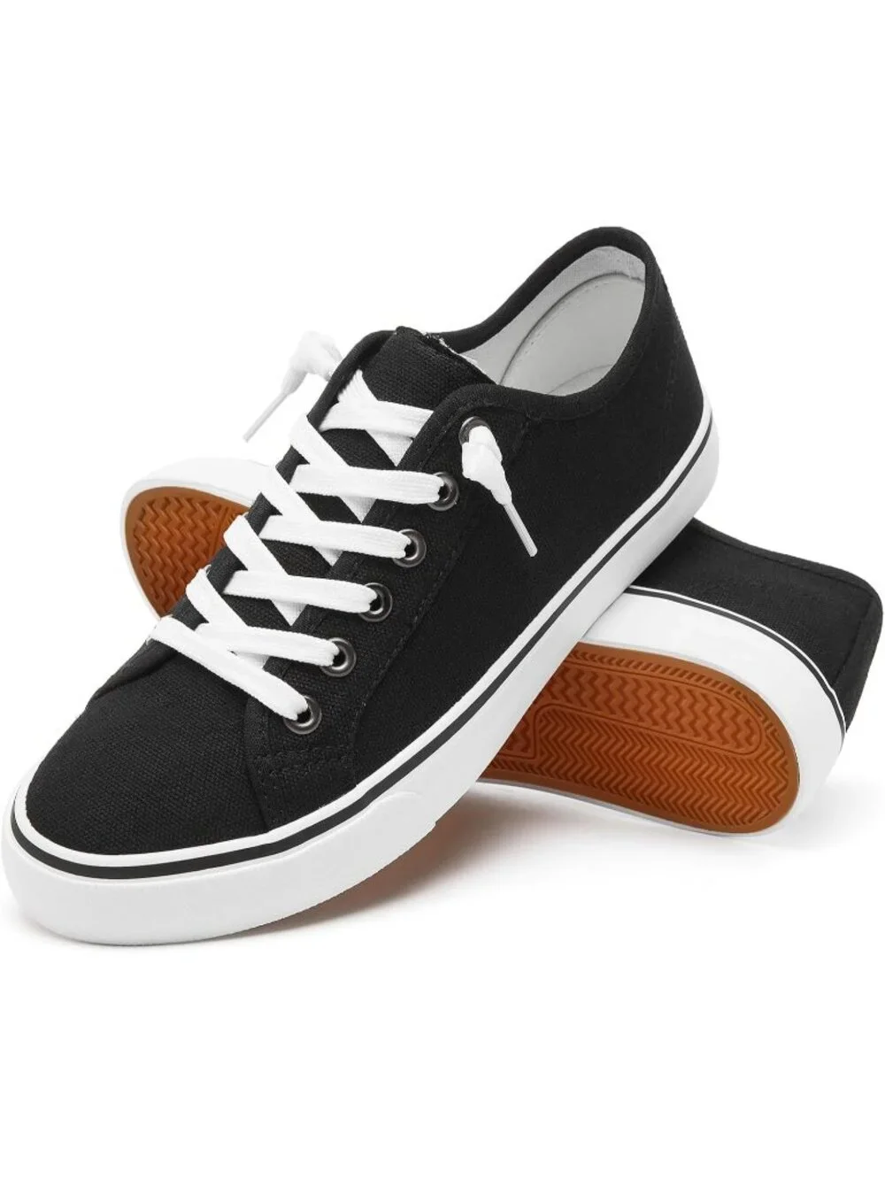 Women's Black Low Top Lace Up Canvas Solid Slip On Casual Loafer Sneaker Shoes